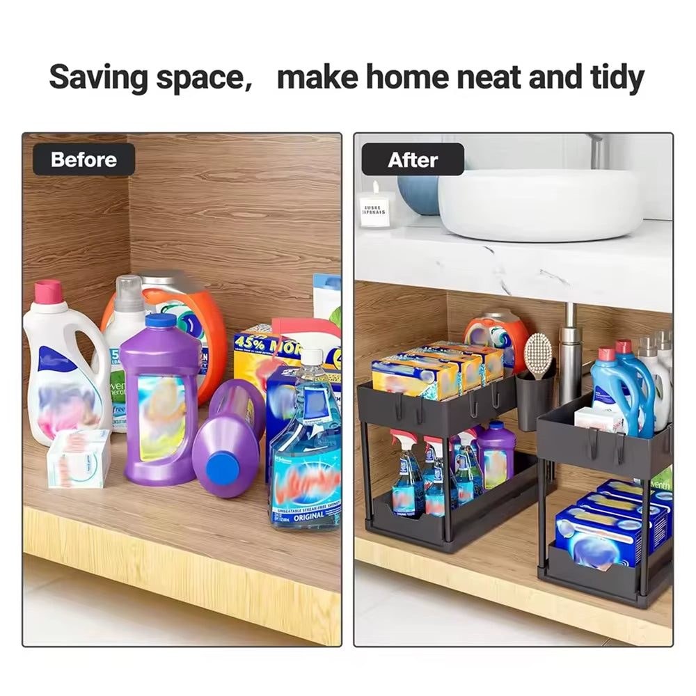 Under Sink Organizer Storage with Hooks 2-Tier Sliding Cabinet Basket Organizer Pull Out Sliding Drawer for Bathroom Kitchen