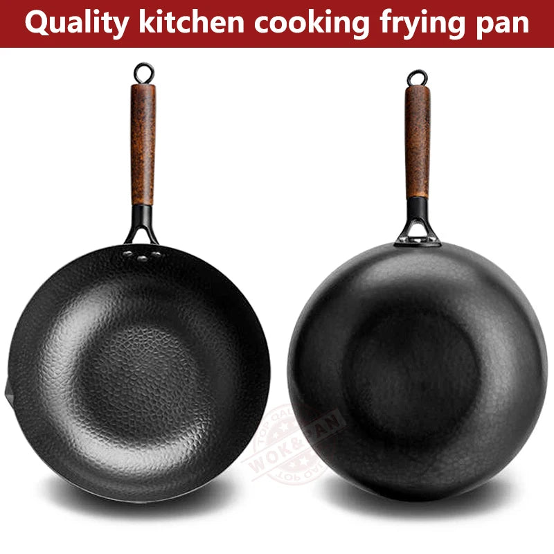 Carbon Steel Wok Pan 32Cm Stir-Fry Pans with Wooden Lid Uncoated Flat Bottom Chinese Pan for Induction Electric Gas All Stoves