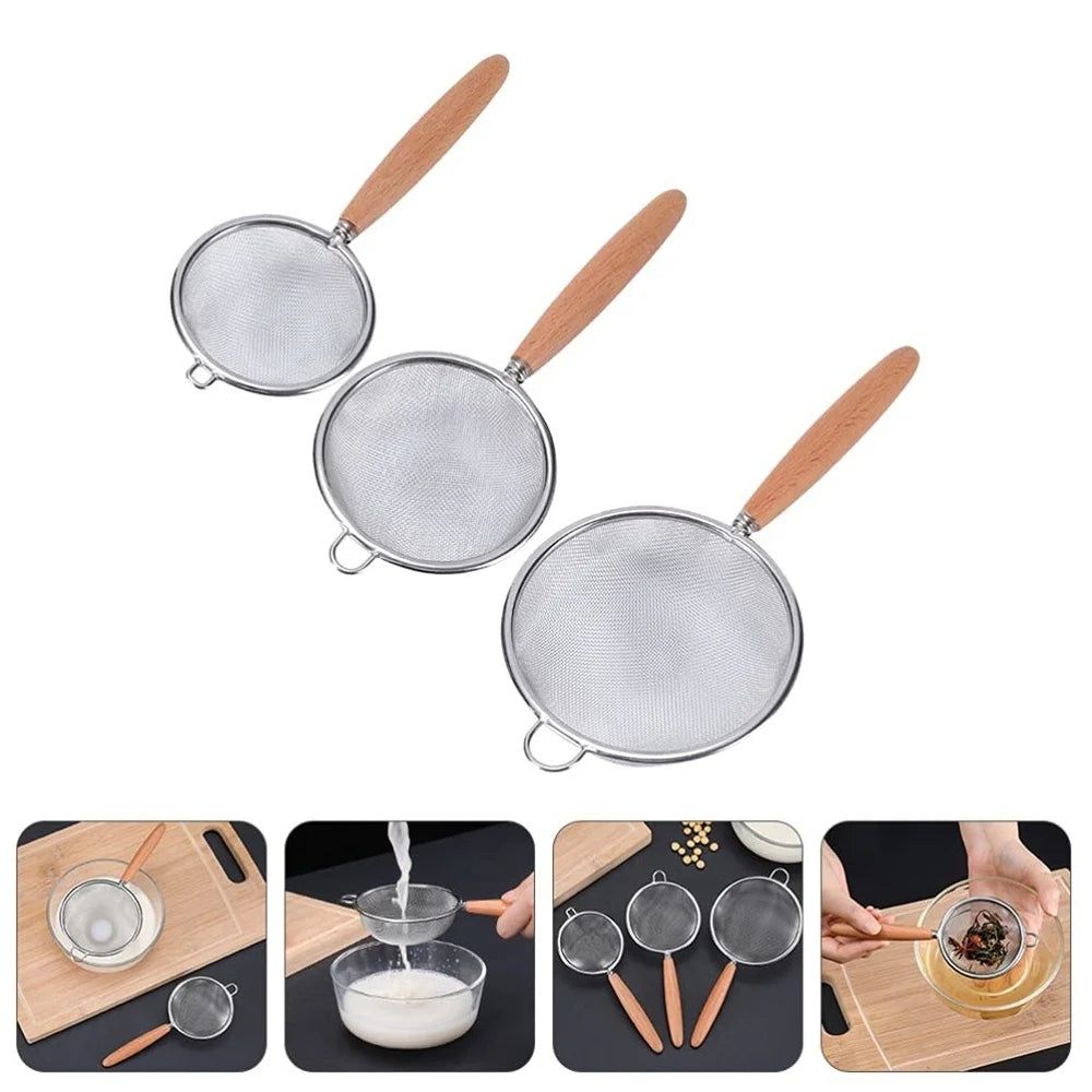 1/3Pcs Stainless Steel Colander with Wooden Long Handle Hanging Ear Kitchen Strainer Filter Fine Mesh Sieve Sifter Kitchen Tools