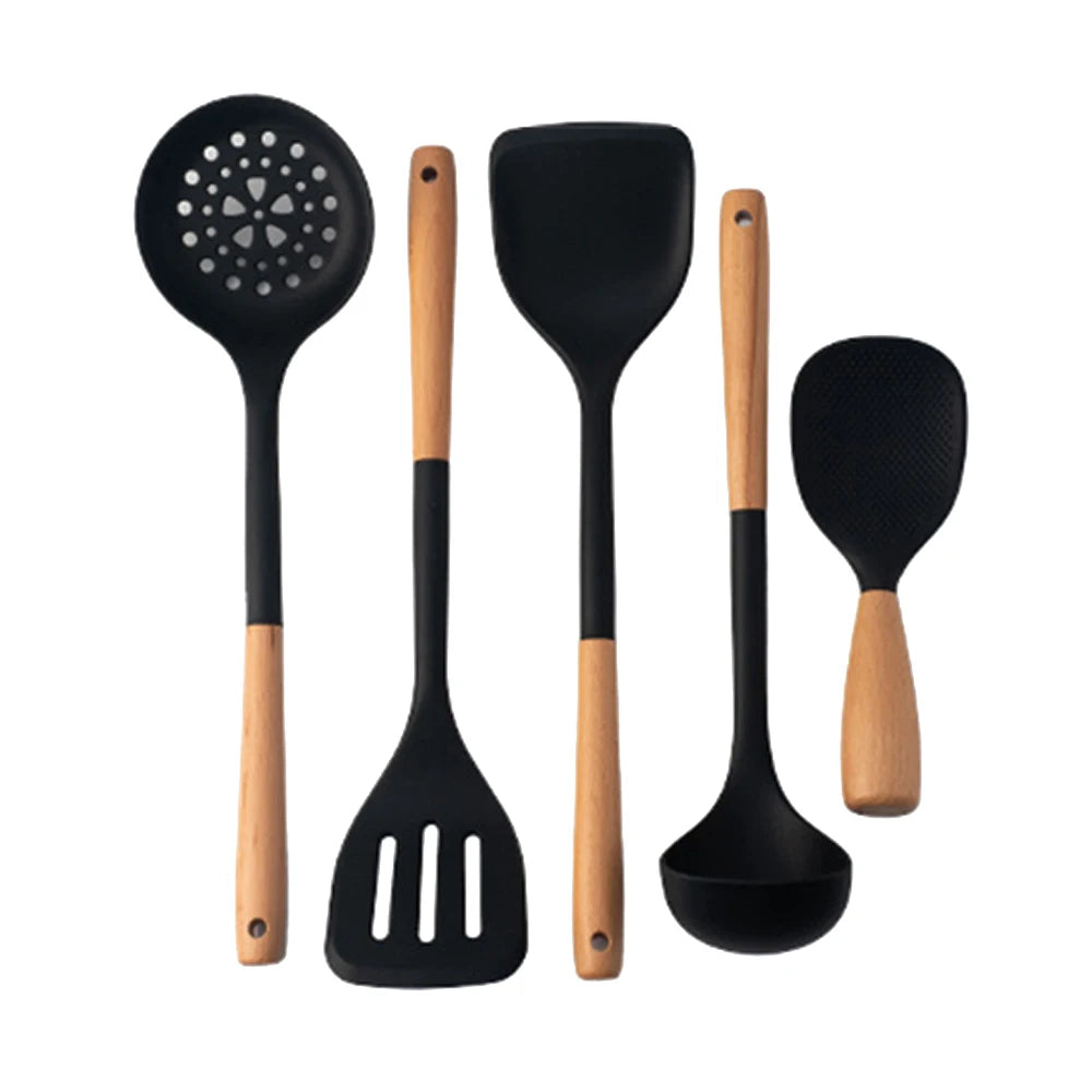 5Pcs Green Non-Stick Silicone Wooden Handle Kitchen Utensils Kitchen Utensils Silicone Cooking Spatula Baking Storage Tool